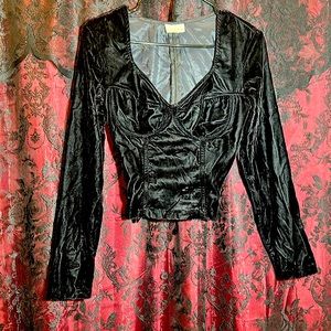 Early 1990’s, black gothic velvet bustier top. Long sleeves. Small